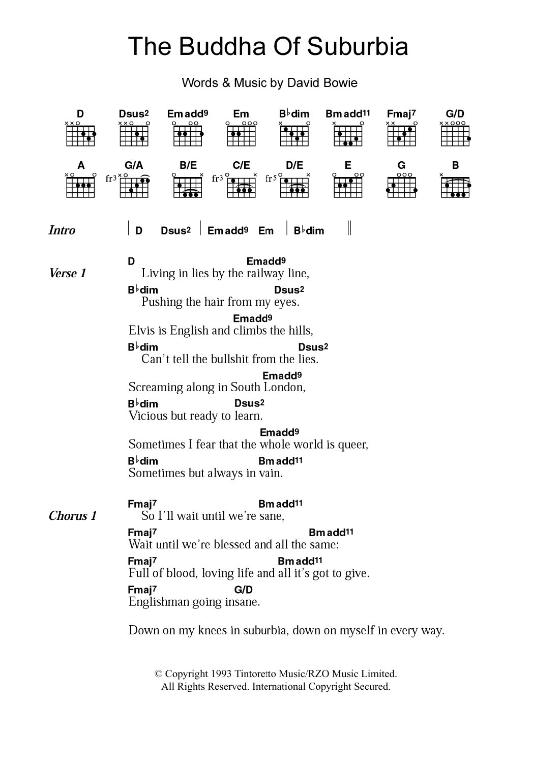 Download David Bowie The Buddha Of Suburbia Sheet Music and learn how to play Lyrics & Chords PDF digital score in minutes