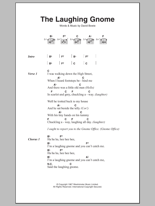 Download David Bowie The Laughing Gnome Sheet Music and learn how to play Lyrics & Chords PDF digital score in minutes