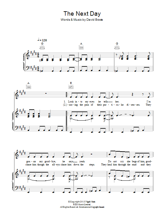 Download David Bowie The Next Day Sheet Music and learn how to play Piano, Vocal & Guitar (Right-Hand Melody) PDF digital score in minutes