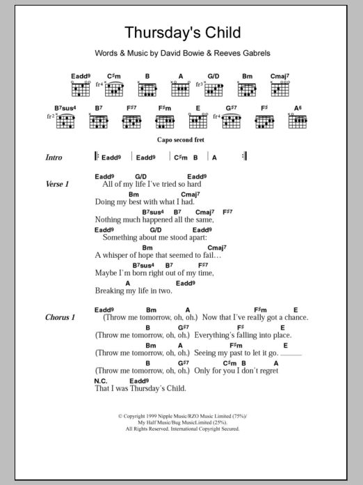 Download David Bowie Thursday's Child Sheet Music and learn how to play Lyrics & Chords PDF digital score in minutes