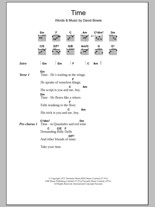 Download David Bowie Time Sheet Music and learn how to play Lyrics & Chords PDF digital score in minutes