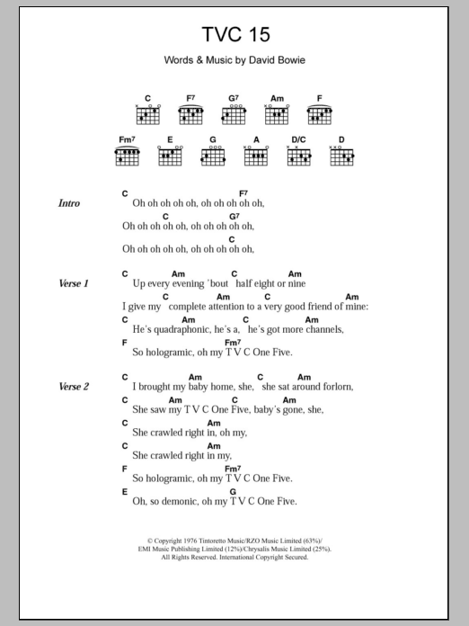 Download David Bowie TVC 15 Sheet Music and learn how to play Lyrics & Chords PDF digital score in minutes