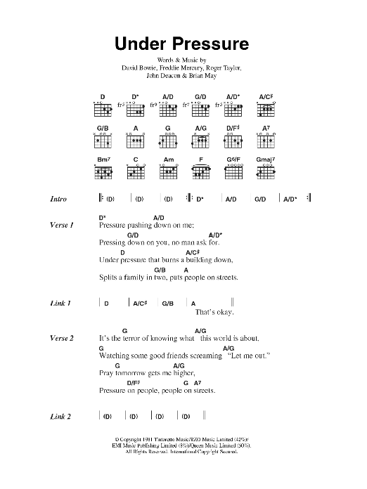 Download David Bowie & Queen Under Pressure Sheet Music and learn how to play Lyrics & Chords PDF digital score in minutes