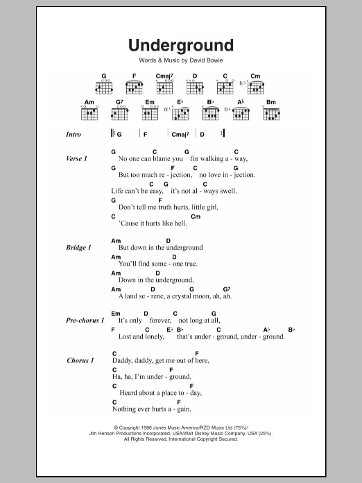 Download David Bowie Underground Sheet Music and learn how to play Lyrics & Chords PDF digital score in minutes