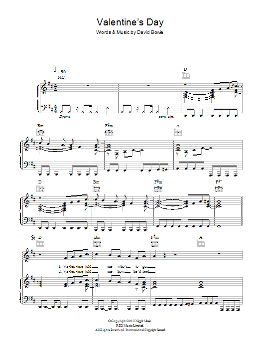 Download David Bowie Valentine's Day Sheet Music and learn how to play Piano, Vocal & Guitar (Right-Hand Melody) PDF digital score in minutes
