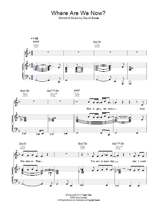 Download David Bowie Where Are We Now? Sheet Music and learn how to play Piano, Vocal & Guitar (Right-Hand Melody) PDF digital score in minutes