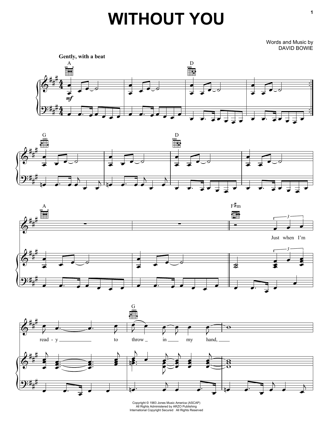 Download David Bowie Without You Sheet Music and learn how to play Piano, Vocal & Guitar Chords (Right-Hand Melody) PDF digital score in minutes