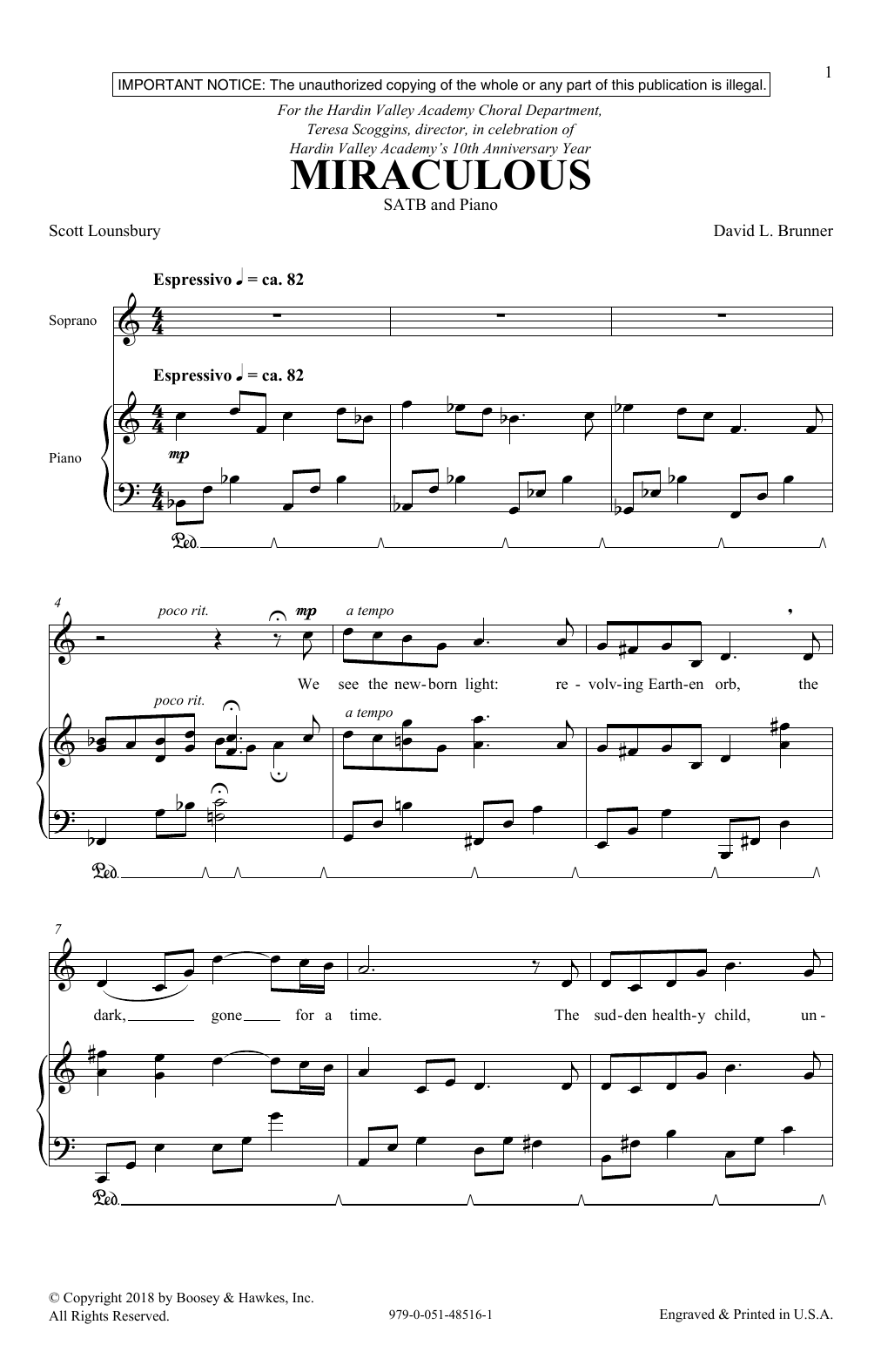 Download David Brunner & Scott Lounsbury Miraculous Sheet Music and learn how to play SATB Choir PDF digital score in minutes