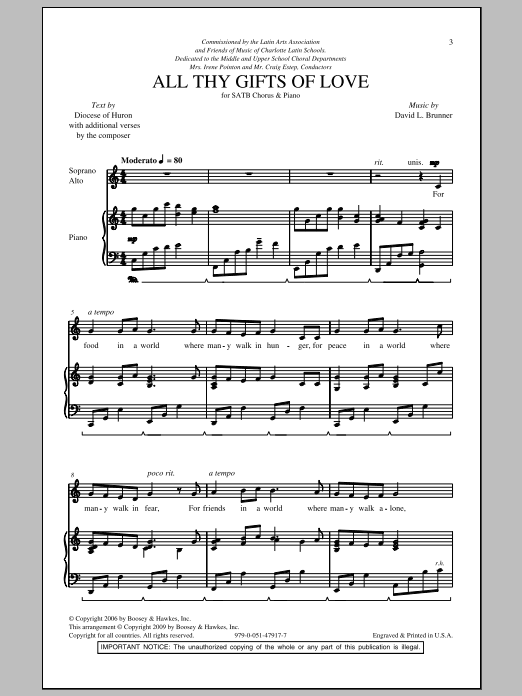 Download David Brunner All Thy Gifts Of Love Sheet Music and learn how to play SATB PDF digital score in minutes
