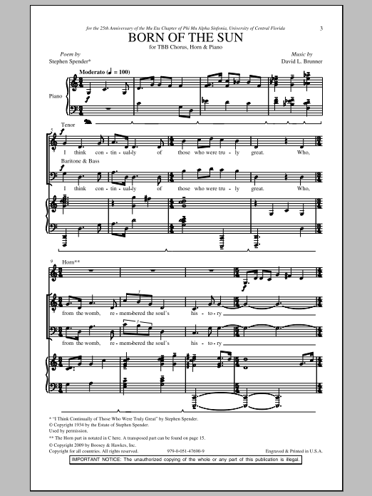 Download David Brunner Born Of The Sun Sheet Music and learn how to play TBB PDF digital score in minutes