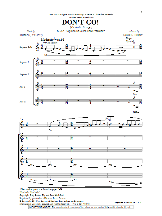 Download David Brunner Don't Go Sheet Music and learn how to play SSA PDF digital score in minutes