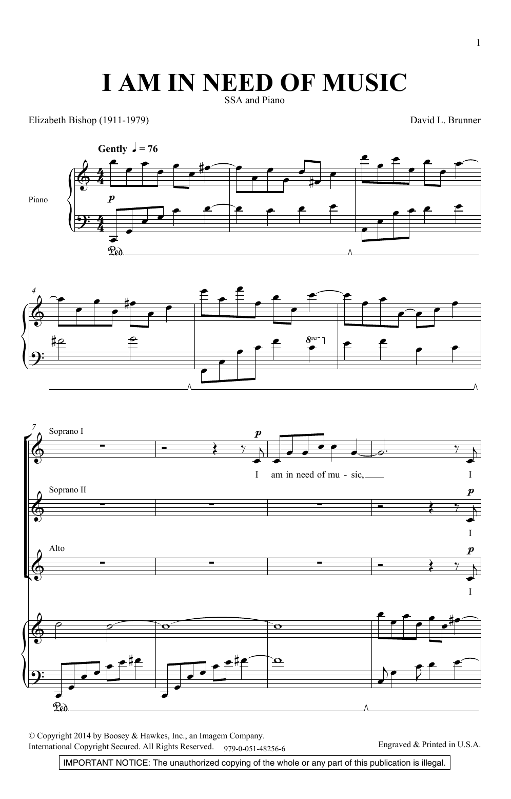 Download David Brunner I Am In Need Of Music Sheet Music and learn how to play SSA Choir PDF digital score in minutes