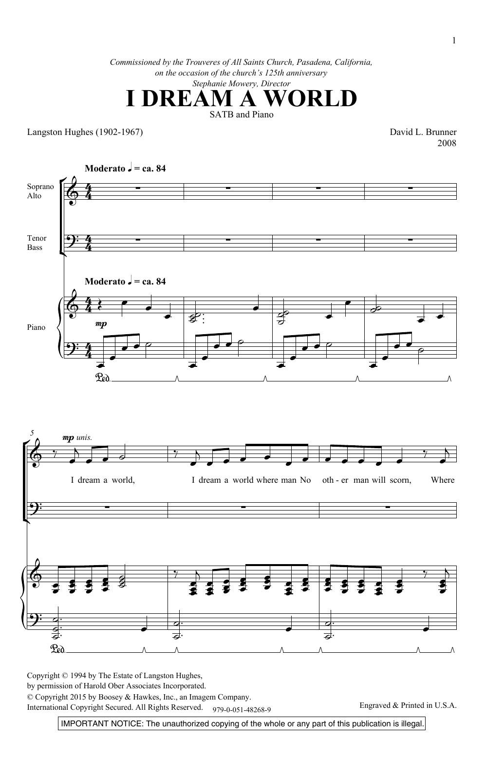 Download David Brunner I Dream A World Sheet Music and learn how to play SAB Choir PDF digital score in minutes