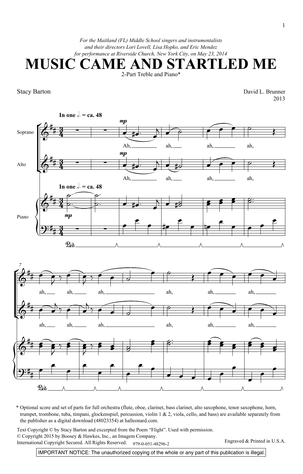 Download David Brunner Music Came And Startled Me Sheet Music and learn how to play 2-Part Choir PDF digital score in minutes