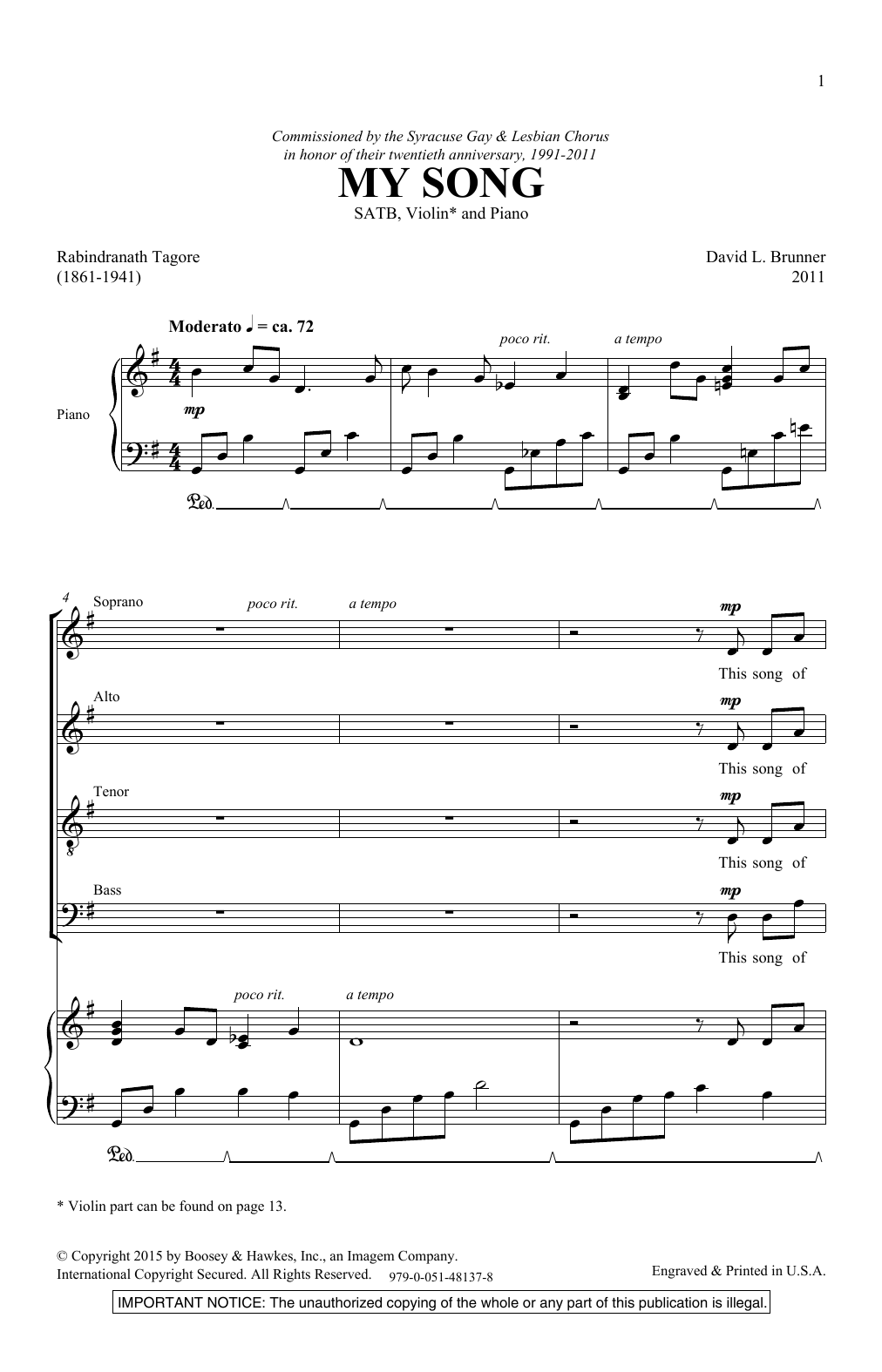 Download David Brunner My Song Sheet Music and learn how to play SATB Choir PDF digital score in minutes