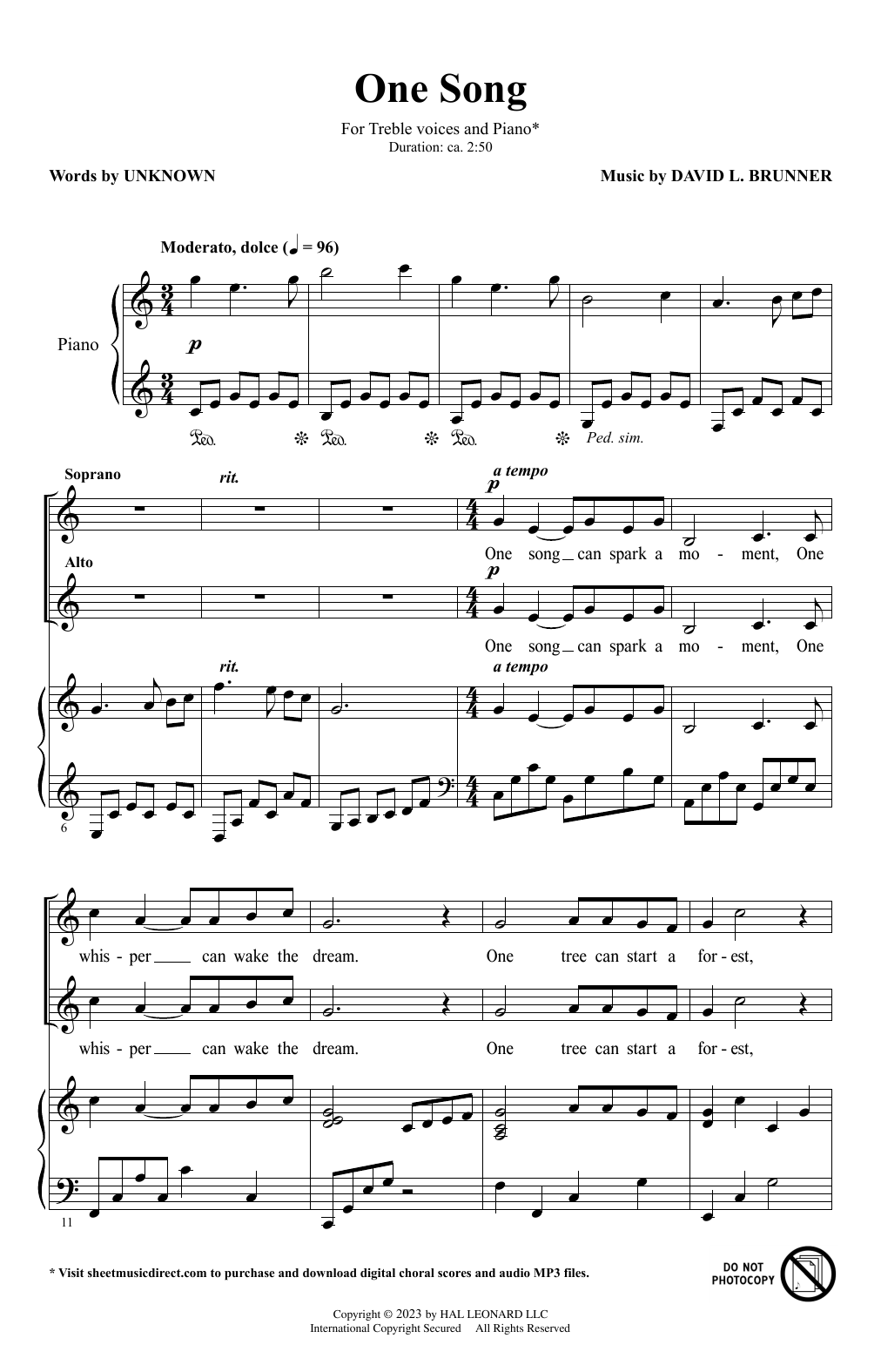 Download David Brunner One Song Sheet Music and learn how to play Choir PDF digital score in minutes