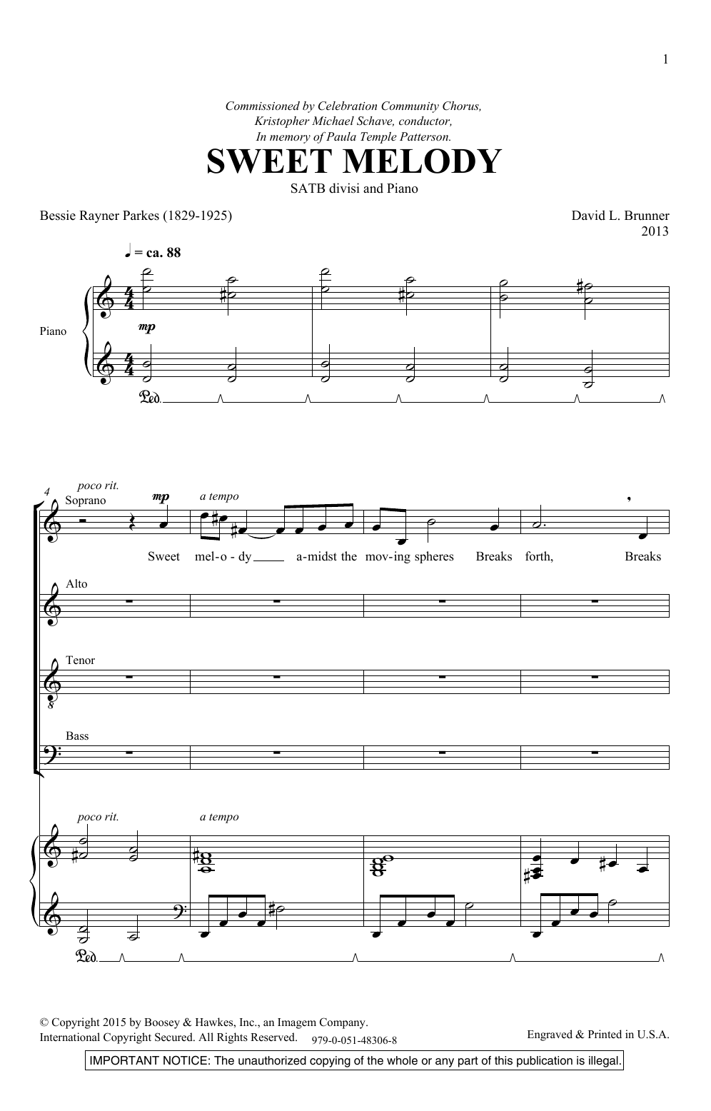 Download David Brunner Sweet Melody Sheet Music and learn how to play SATB Choir PDF digital score in minutes