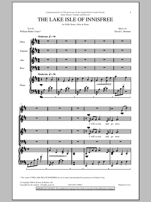 Download David Brunner The Lake Isle Of Innisfree Sheet Music and learn how to play SAB PDF digital score in minutes