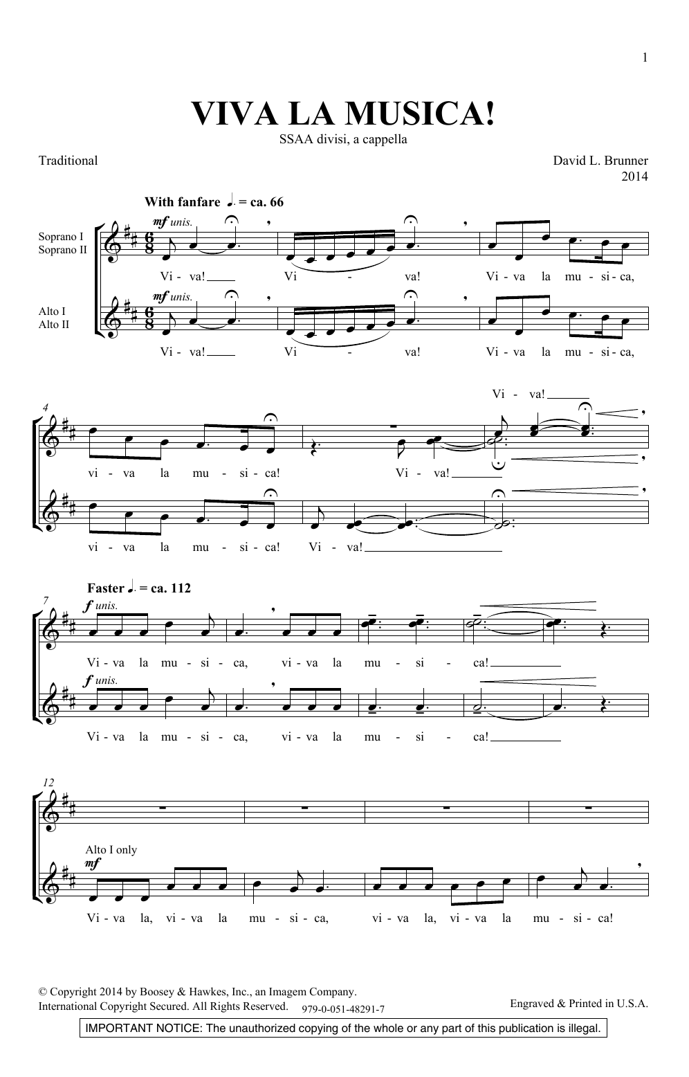 Download David Brunner Viva La Musica Sheet Music and learn how to play SSA Choir PDF digital score in minutes