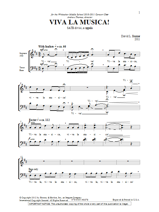 Download David Brunner Viva La Musica! Sheet Music and learn how to play SATB PDF digital score in minutes