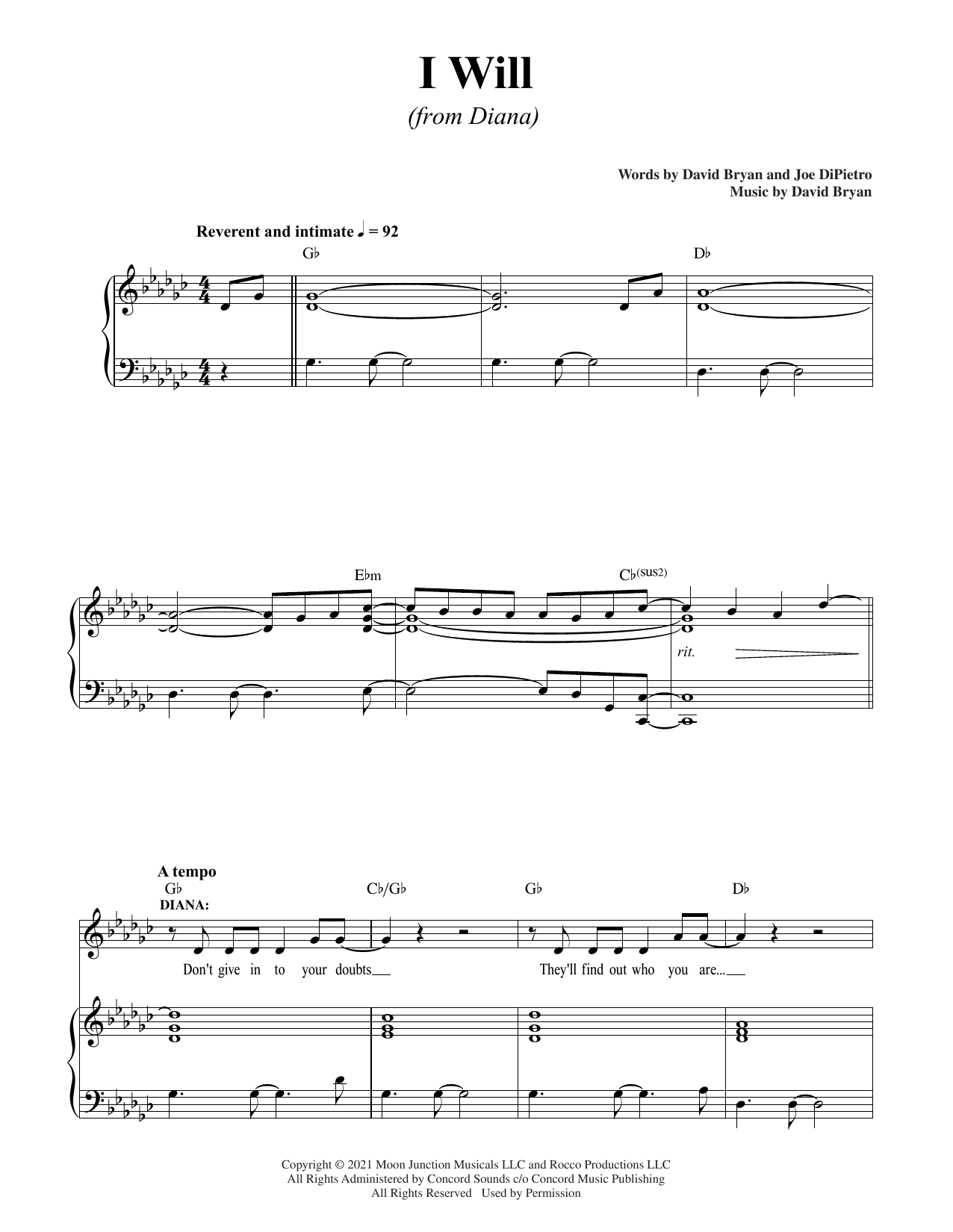 Download David Bryan & Joe DiPietro I Will (from Diana) Sheet Music and learn how to play Piano & Vocal PDF digital score in minutes