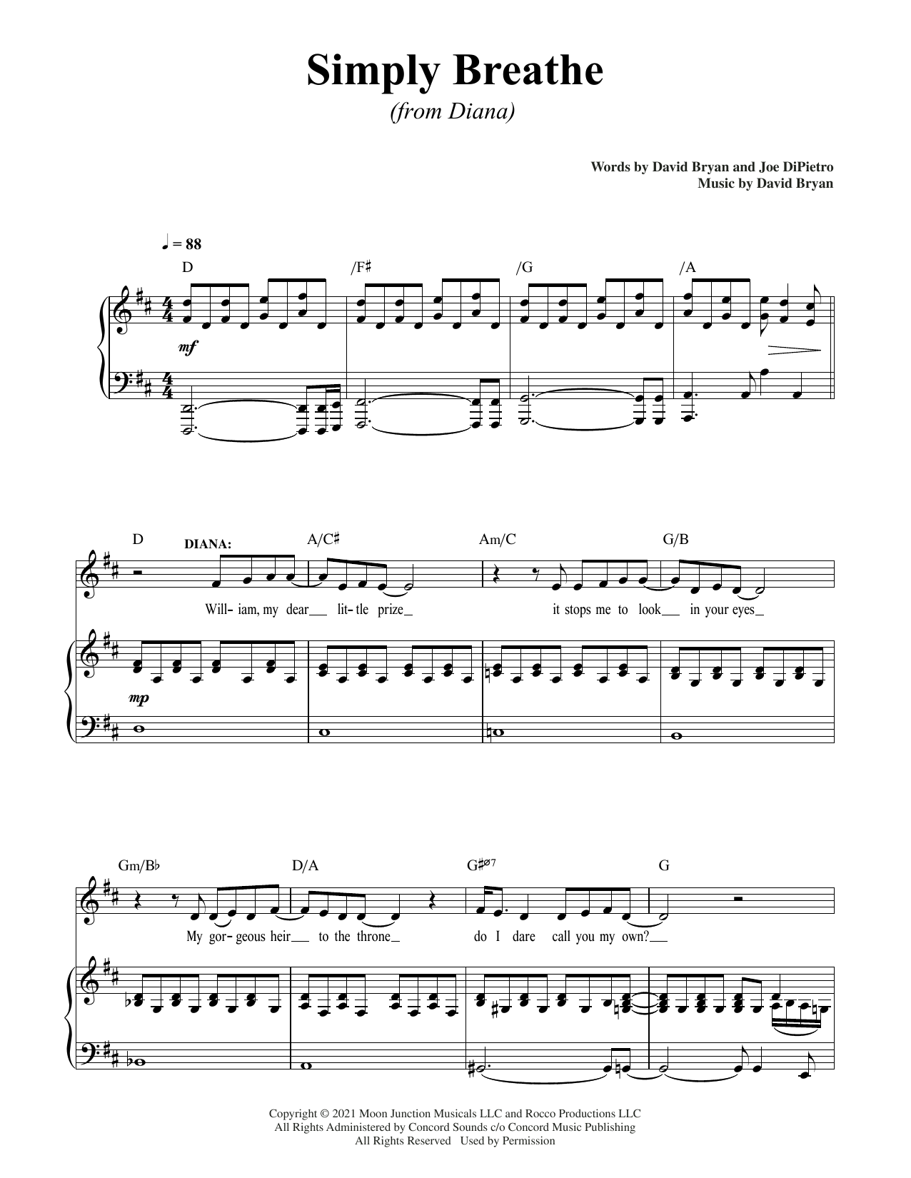 Download David Bryan & Joe DiPietro Simply Breathe (from Diana) Sheet Music and learn how to play Piano & Vocal PDF digital score in minutes