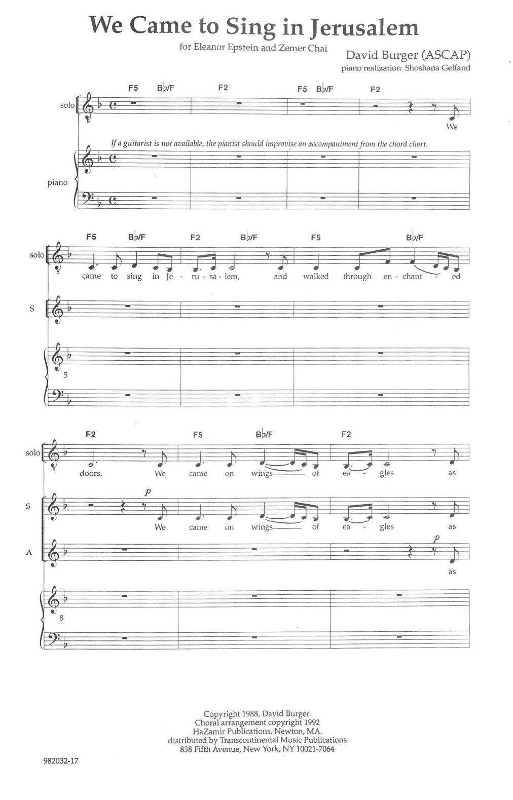 Download David Burger We Came To Sing In Jerusalem Sheet Music and learn how to play SATB Choir PDF digital score in minutes