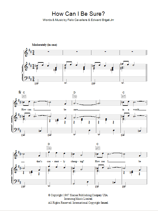 Download David Cassidy How Can I Be Sure Sheet Music and learn how to play Piano, Vocal & Guitar (Right-Hand Melody) PDF digital score in minutes