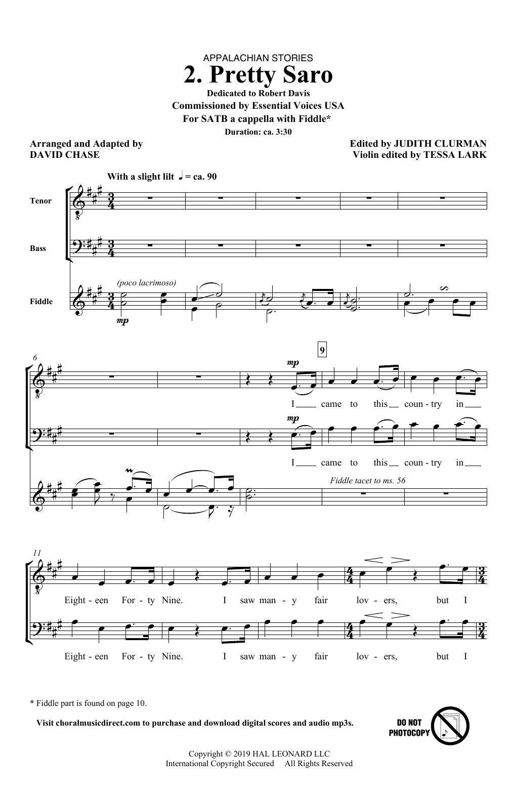 Download David Chase Pretty Saro (No. 2 from Appalachian Stories) Sheet Music and learn how to play SATB Choir PDF digital score in minutes