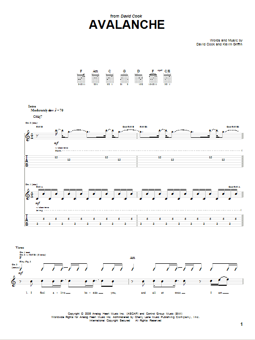 Download David Cook Avalanche Sheet Music and learn how to play Guitar Tab PDF digital score in minutes