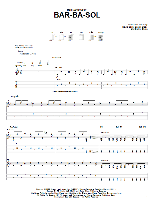 Download David Cook Bar-Ba-Sol Sheet Music and learn how to play Guitar Tab PDF digital score in minutes
