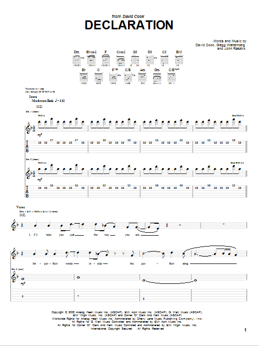 Download David Cook Declaration Sheet Music and learn how to play Guitar Tab PDF digital score in minutes