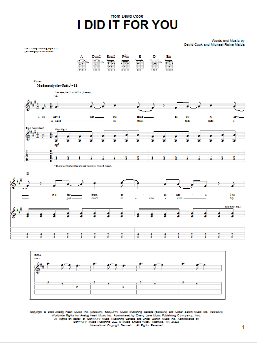 Download David Cook I Did It For You Sheet Music and learn how to play Guitar Tab PDF digital score in minutes