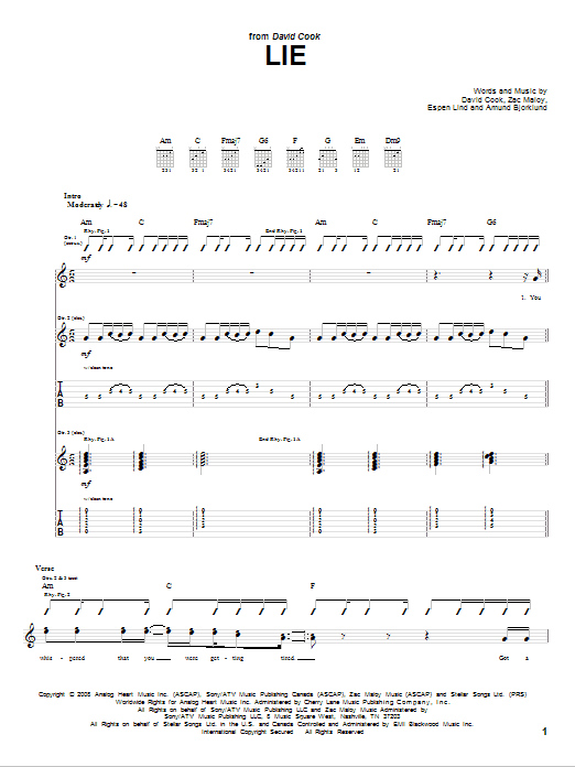 Download David Cook Lie Sheet Music and learn how to play Guitar Tab PDF digital score in minutes