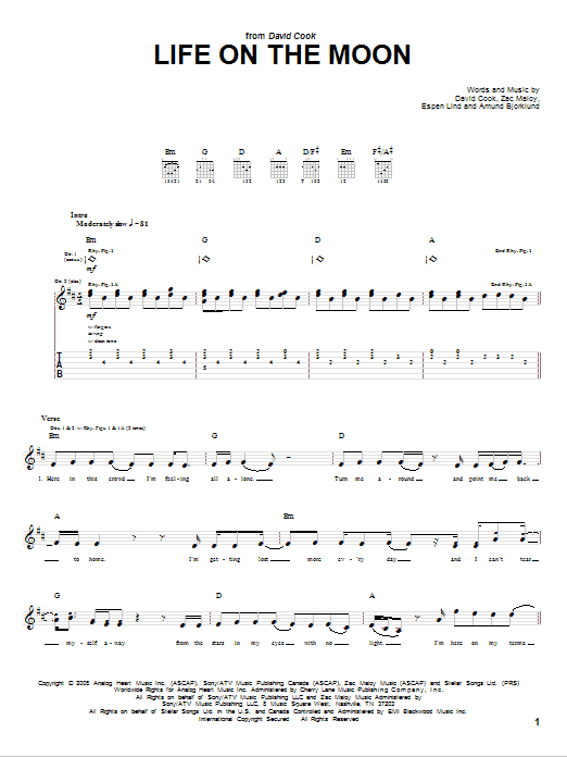 Download David Cook Life On The Moon Sheet Music and learn how to play Guitar Tab PDF digital score in minutes