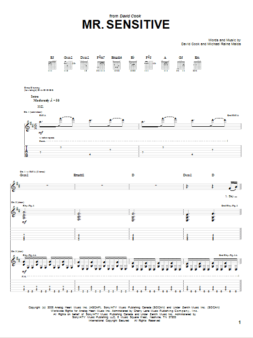 Download David Cook Mr. Sensitive Sheet Music and learn how to play Guitar Tab PDF digital score in minutes
