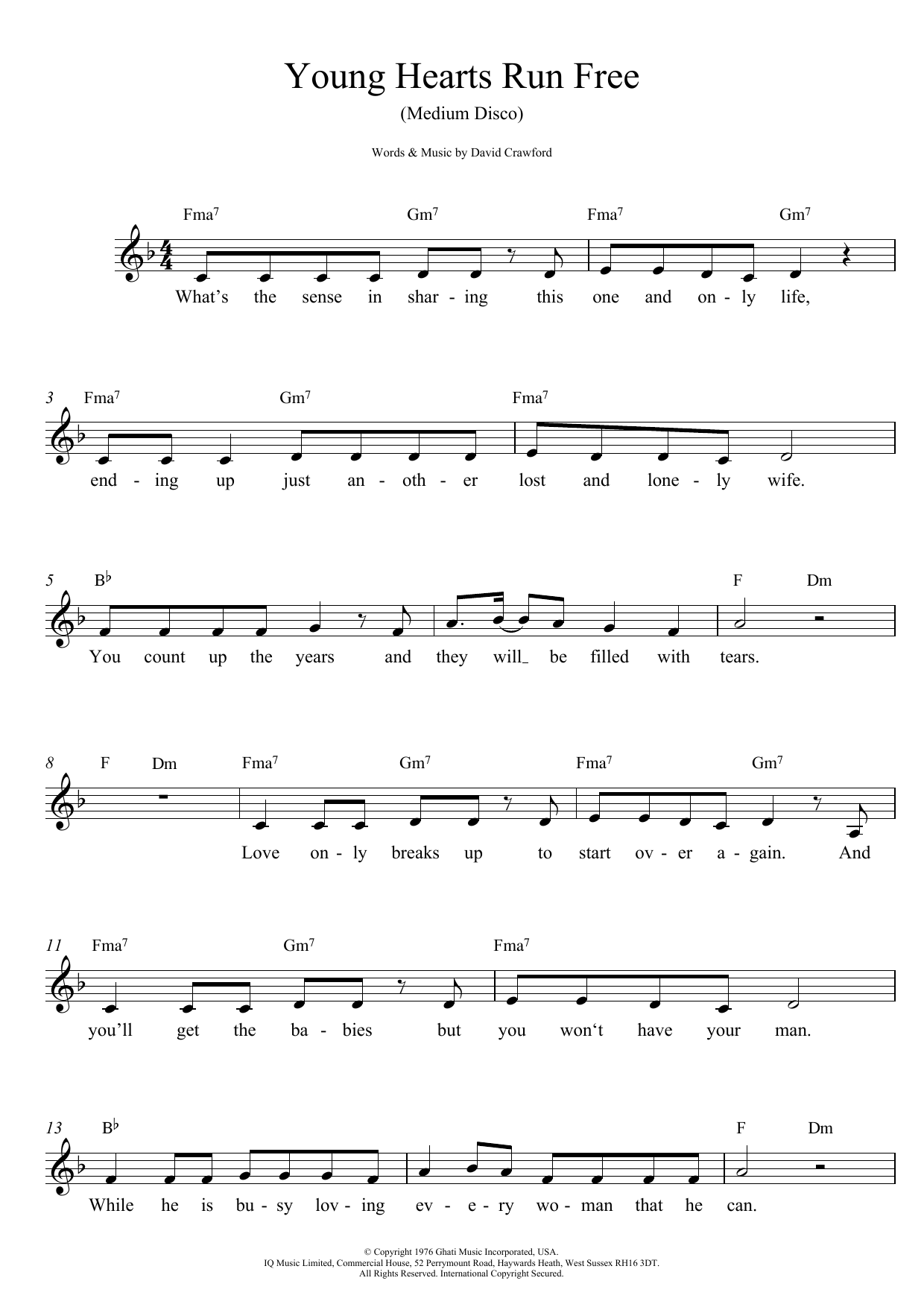 Download David Crawford Young Hearts Run Free Sheet Music and learn how to play Melody Line, Lyrics & Chords PDF digital score in minutes