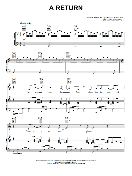 Download David Crowder Band A Return Sheet Music and learn how to play Piano, Vocal & Guitar (Right-Hand Melody) PDF digital score in minutes