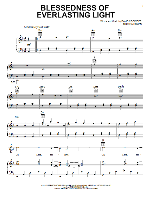 Download David Crowder Band Blessedness Of Everlasting Light Sheet Music and learn how to play Piano, Vocal & Guitar (Right-Hand Melody) PDF digital score in minutes