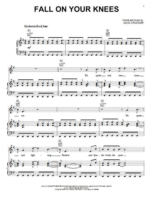 Download David Crowder Band Fall On Your Knees Sheet Music and learn how to play Piano, Vocal & Guitar (Right-Hand Melody) PDF digital score in minutes