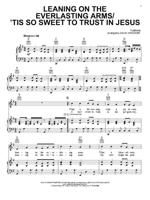 Download David Crowder Band Leaning On The Everlasting Arms / 'Tis So Sweet To Trust In Jesus Sheet Music and learn how to play Piano, Vocal & Guitar (Right-Hand Melody) PDF digital score in minutes