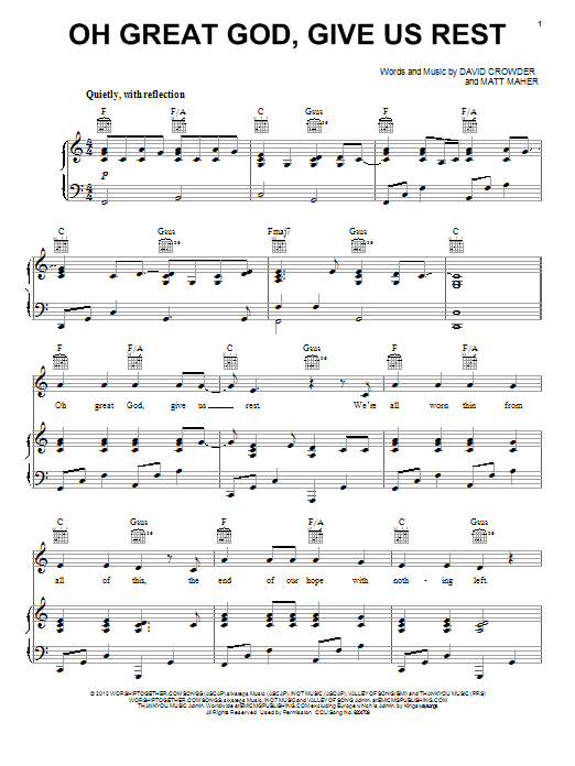 Download David Crowder Band Oh Great God, Give Us Rest Sheet Music and learn how to play Piano, Vocal & Guitar (Right-Hand Melody) PDF digital score in minutes