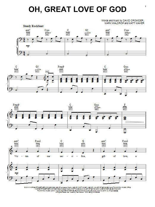 Download David Crowder Band Oh, Great Love Of God Sheet Music and learn how to play Piano, Vocal & Guitar (Right-Hand Melody) PDF digital score in minutes