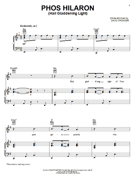 Download David Crowder Band Phos Hilaron (Hail Gladdening Light) Sheet Music and learn how to play Piano, Vocal & Guitar (Right-Hand Melody) PDF digital score in minutes