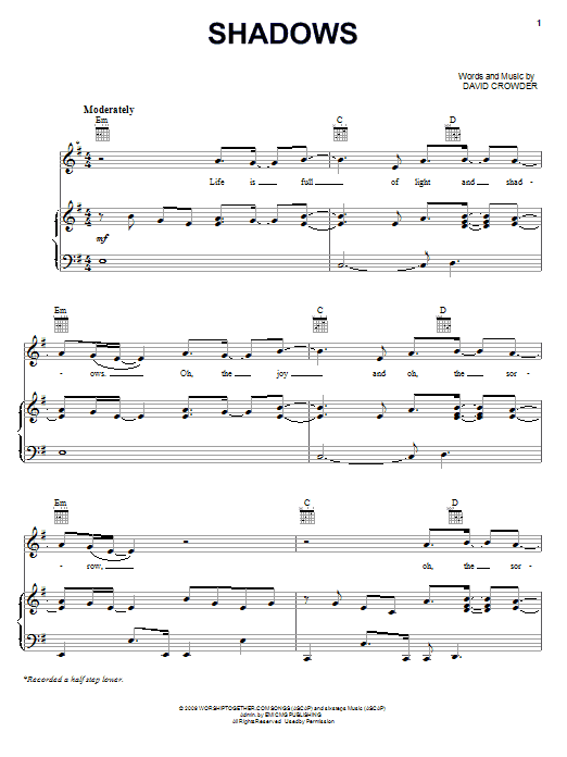 Download David Crowder Band Shadows Sheet Music and learn how to play Piano, Vocal & Guitar (Right-Hand Melody) PDF digital score in minutes