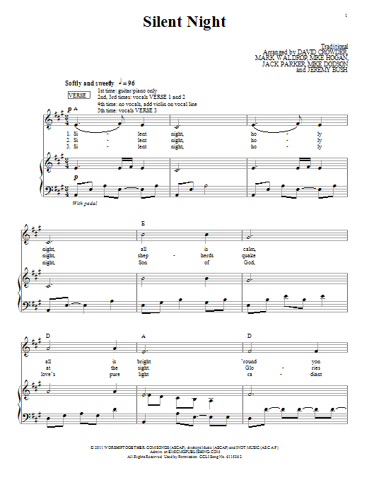 Download David Crowder Band Silent Night Sheet Music and learn how to play Piano, Vocal & Guitar (Right-Hand Melody) PDF digital score in minutes
