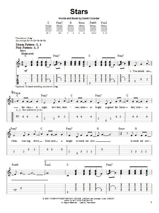 Download David Crowder Band Stars Sheet Music and learn how to play Easy Guitar Tab PDF digital score in minutes