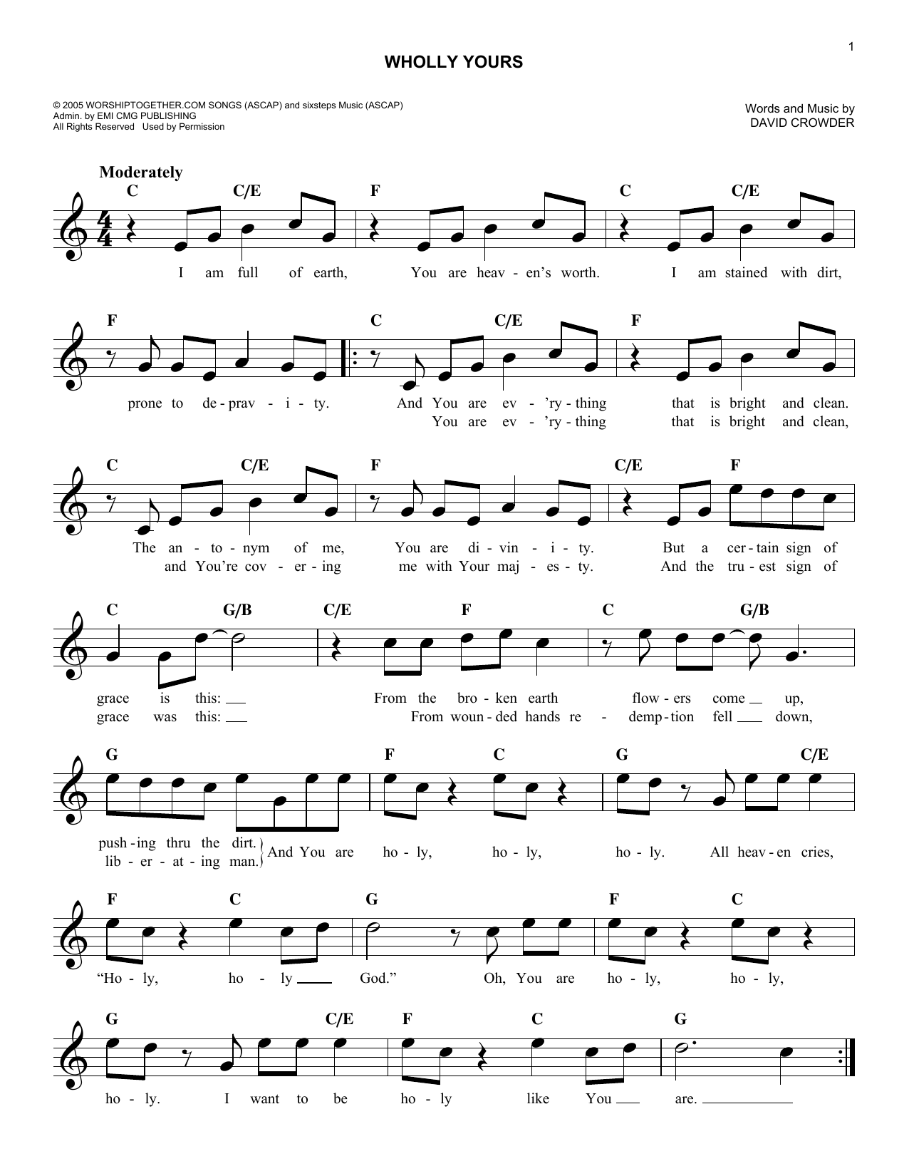 Download David Crowder*Band Wholly Yours Sheet Music and learn how to play Melody Line, Lyrics & Chords PDF digital score in minutes