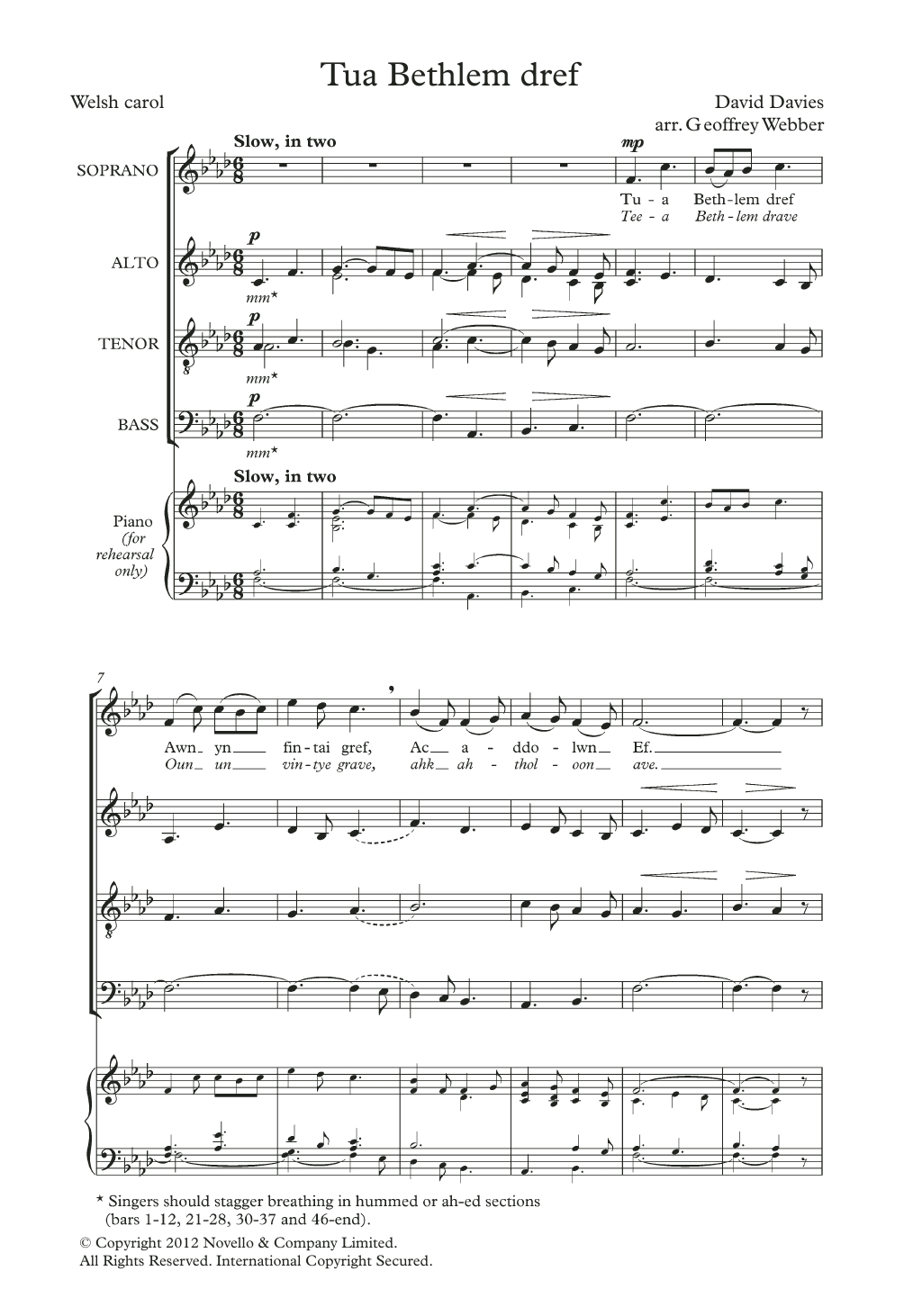 Download David Davies Tua Bethlem Dref (arr. Geoffrey Webber) Sheet Music and learn how to play SATB Choir PDF digital score in minutes