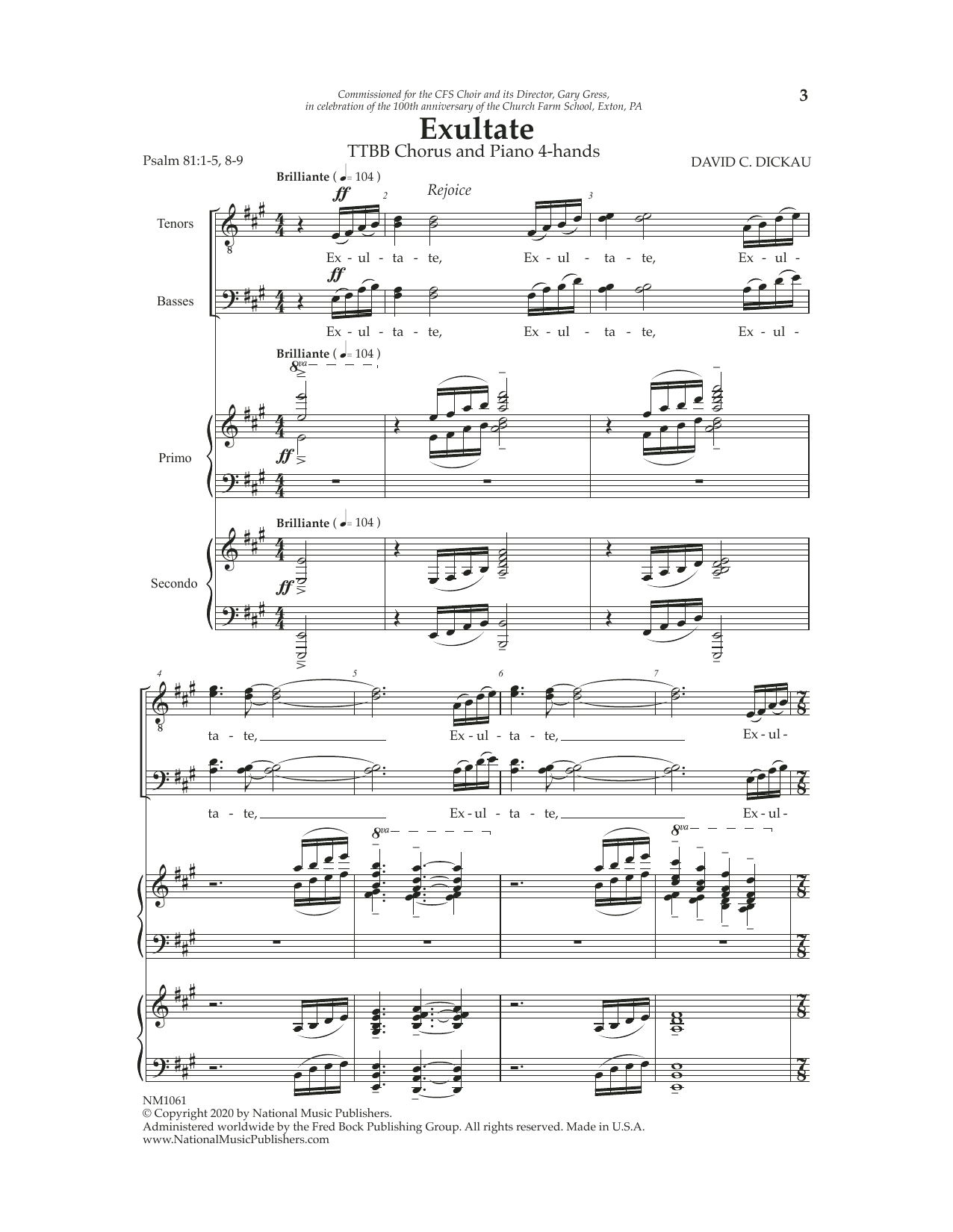 Download David Dickau Exultate Sheet Music and learn how to play TTBB Choir PDF digital score in minutes